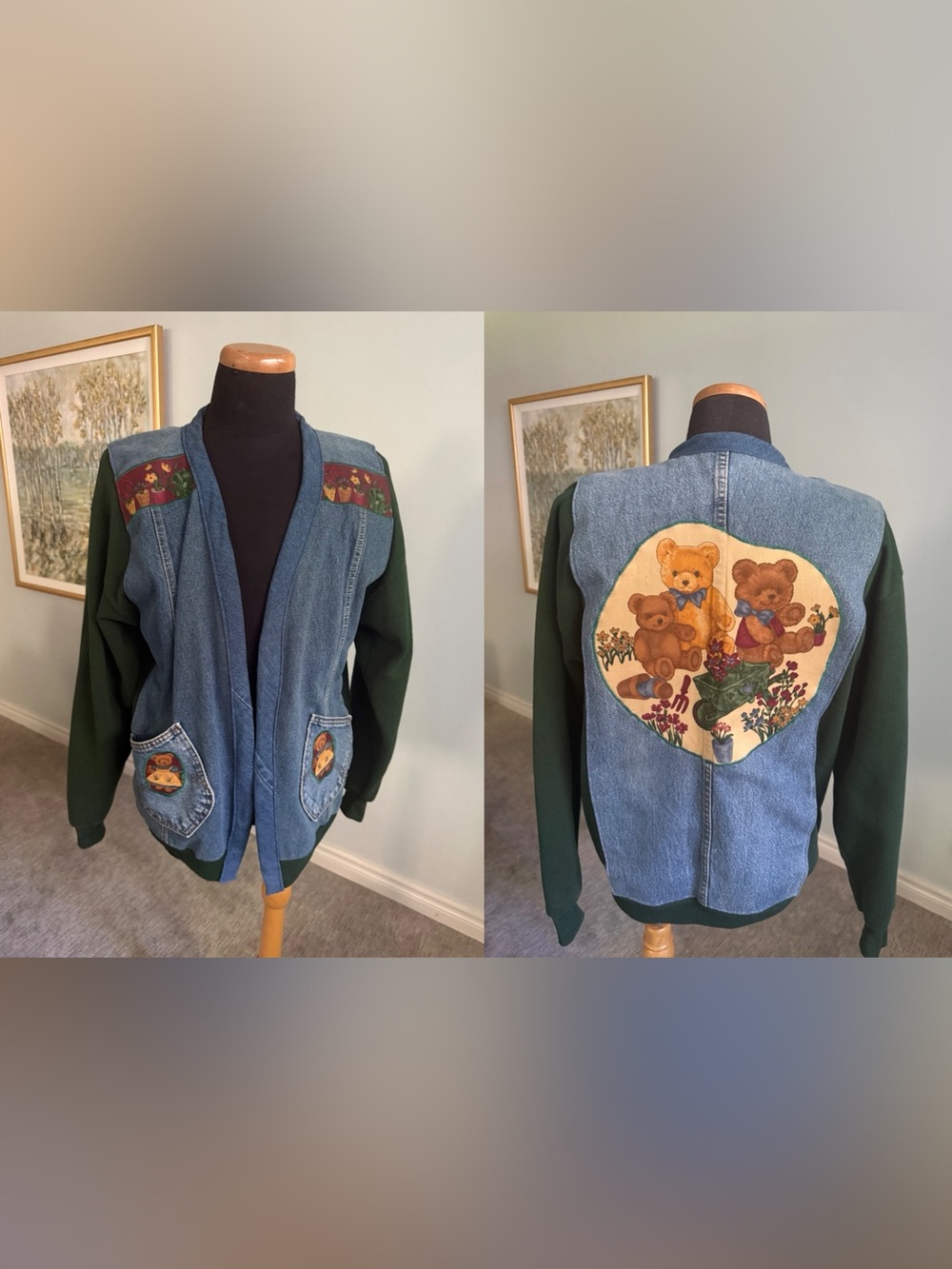 Vintage Teddy Bear Denim Sweatshirt Cardigan Jacket Cottagecore Grandmacore